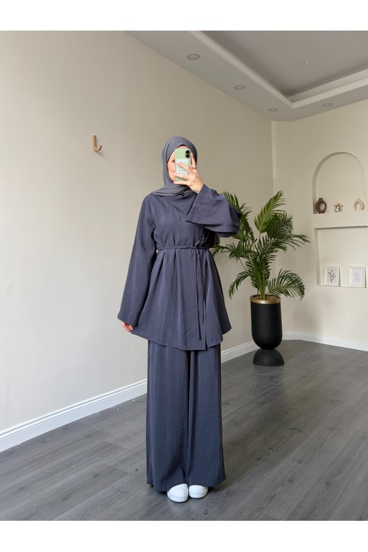 40720 - Yandan Yaka Ve Düğmeli Modal Tunik & Pantolon Füme