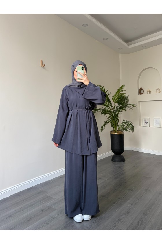 40720 - Yandan Yaka Ve Düğmeli Modal Tunik Füme