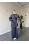 40720 - Yandan Yaka Ve Düğmeli Modal Tunik & Pantolon Füme