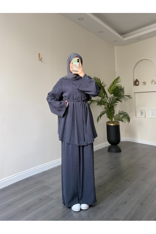 40720 - Yandan Yaka Ve Düğmeli Modal Tunik & Pantolon Füme