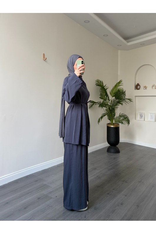 40720 - Yandan Yaka Ve Düğmeli Modal Tunik & Pantolon Füme